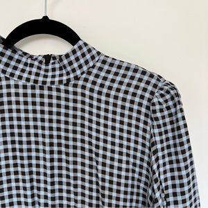 GANNI Blue/Black Gingham Dress with mock-neck and puff sleeves